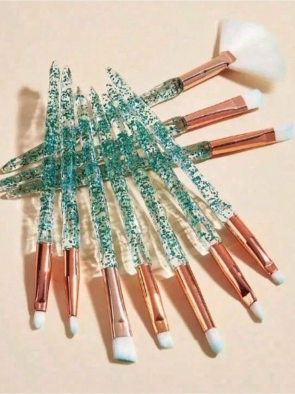 Turquoise Glitter Handle Rose Gold Makeup Brush Set - Brand (10 brushes)
